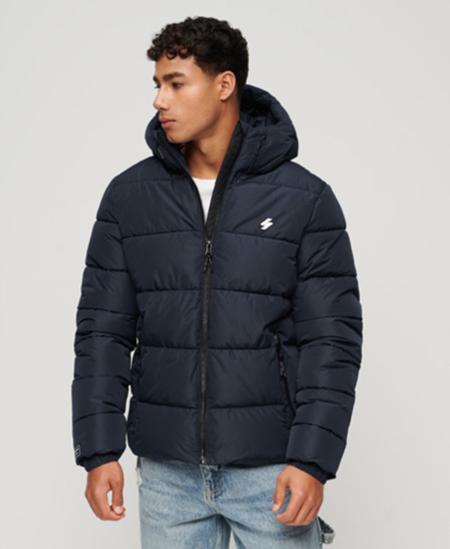 Miehet Superdry Toppa& Ja Untuvatakit | Hooded Sports Puffer -Takki Tummansininen