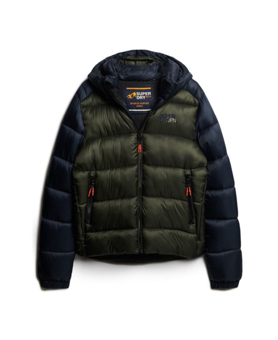 Miehet Superdry Toppa& Ja Untuvatakit | Hood Colour Block Sport Puffer -Toppatakki Tummanvihrea