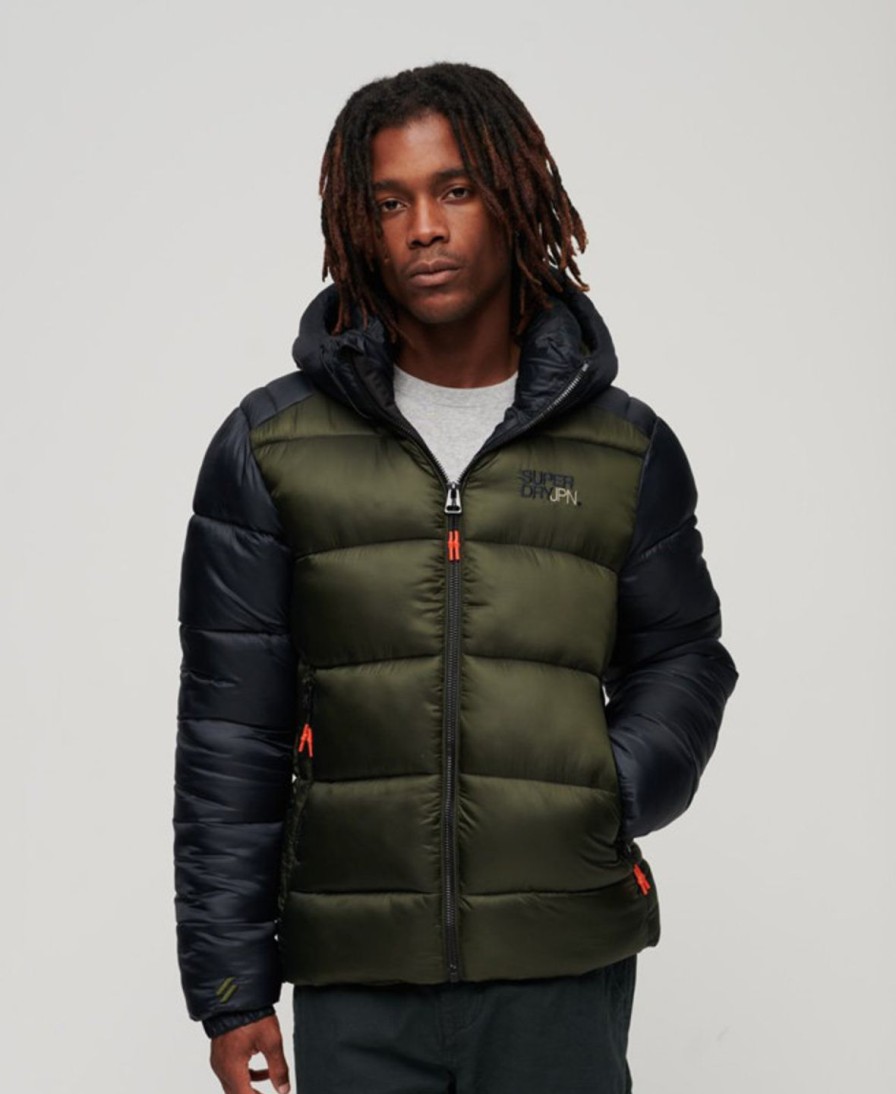 Miehet Superdry Toppa& Ja Untuvatakit | Hood Colour Block Sport Puffer -Toppatakki Tummanvihrea