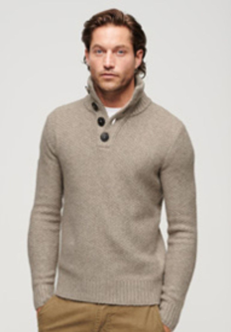 Miehet Superdry Neulepuserot | Chunky Button High Neck Jumper -Neulepusero Vaaleanruskea